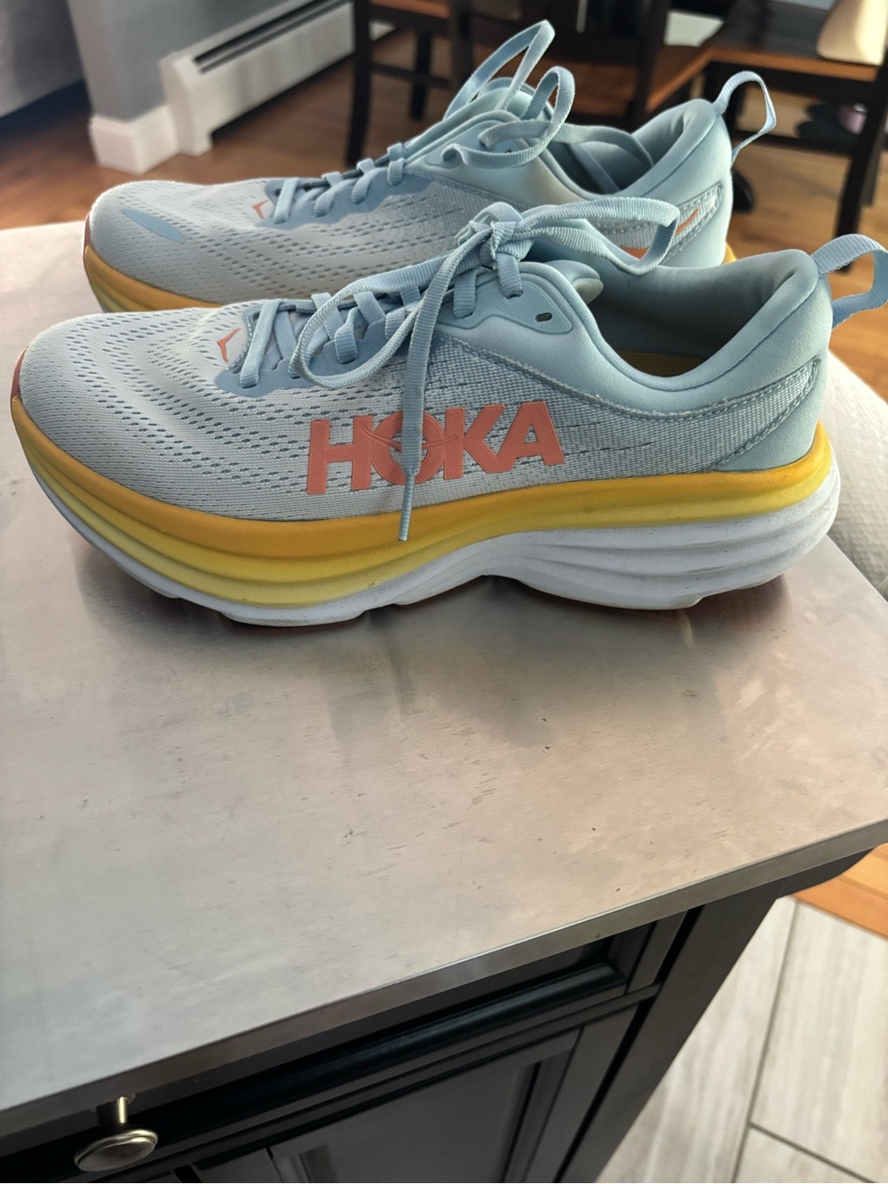 Hoka One One Light Blue Sneakers with Yellow Midsole and Coral Logo
